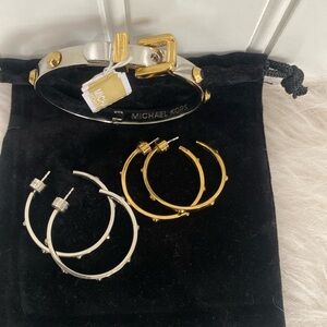 Michael Kors Buckle bracelet and 2 pair (silver and gold) earrings